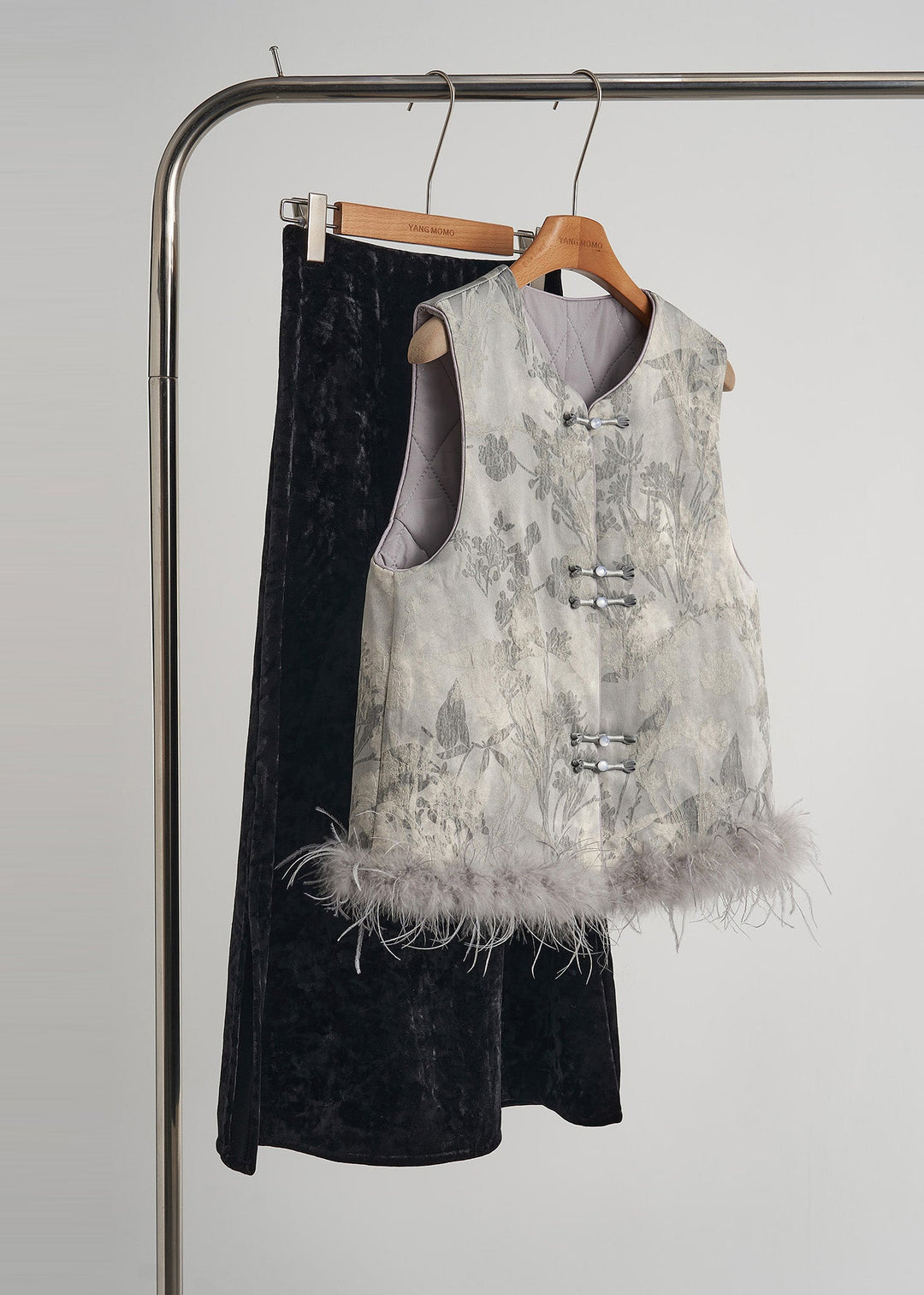 Art Grey Print Patchwork Feather Thick Vests Winter