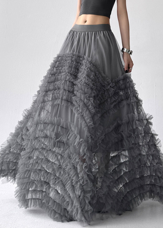 Art Grey Ruffled Elastic Waist Tulle Maxi Skirts Summer