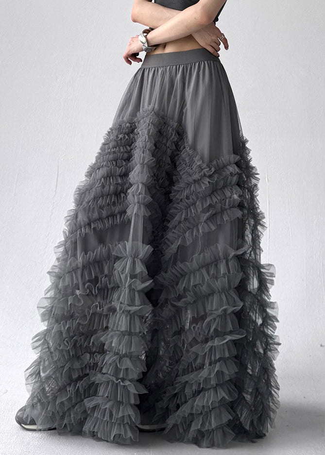 Art Grey Ruffled Elastic Waist Tulle Maxi Skirts Summer