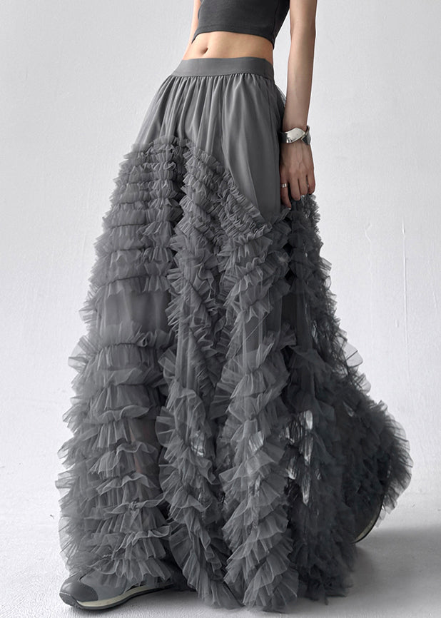 Art Grey Ruffled Elastic Waist Tulle Maxi Skirts Summer