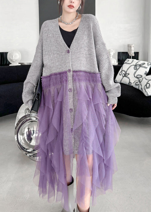 Art Grey Ruffled Tulle Patchwork Knit Cardigan Dress Spring