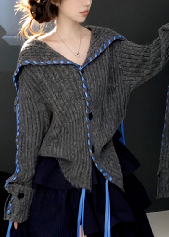 Art Grey Thick Patchwork Button Cozy Cotton Knit Cardigans Fall