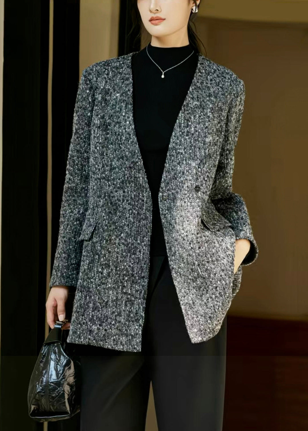 Art Grey V Neck Button Pockets Woolen Coat Fall
