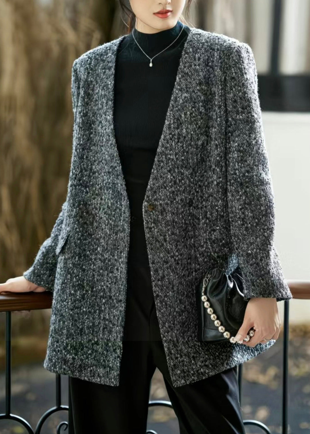 Art Grey V Neck Button Pockets Woolen Coat Fall