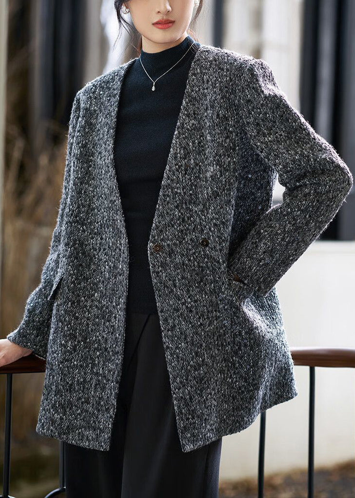 Art Grey V Neck Button Pockets Woolen Coat Fall