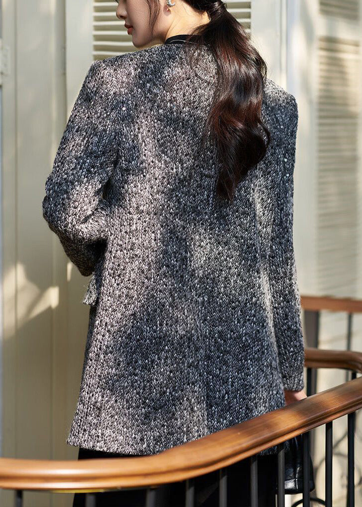 Art Grey V Neck Button Pockets Woolen Coat Fall