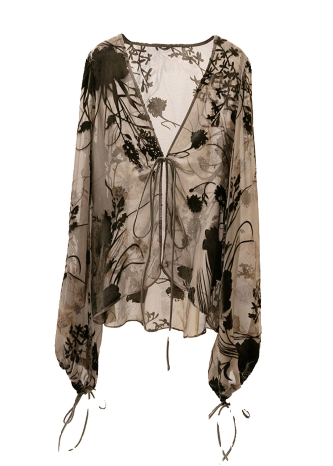 Art Grey V Neck Floral Tie Lace Tulle Top Lantern Sleeve