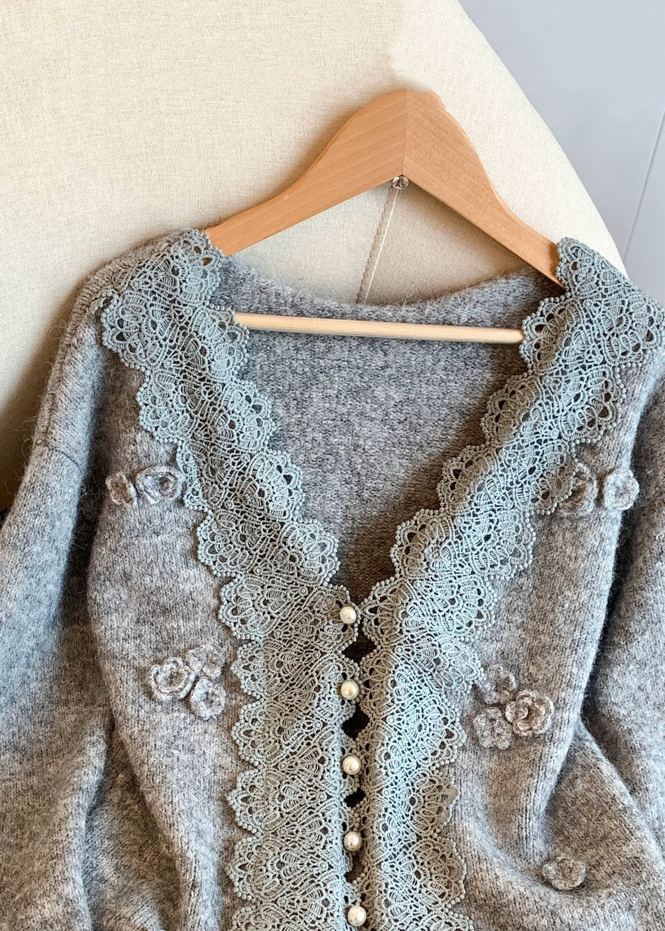 Art Grey V Neck Lace Patchwork Knit Coats Winter