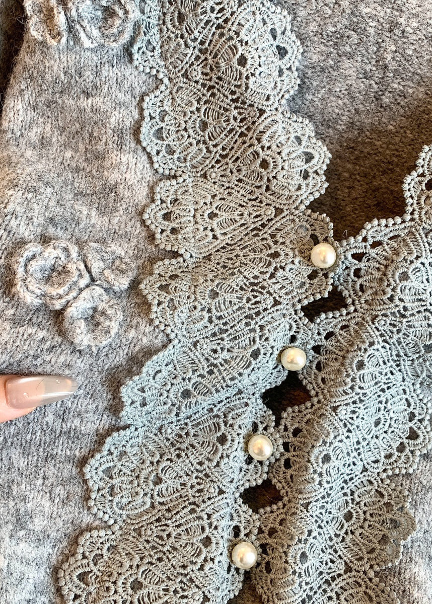 Art Grey V Neck Lace Patchwork Knit Coats Winter