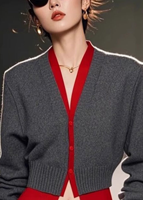 Art Grey V Neck Patchwork False Knit Two Pieces Sweater Spring