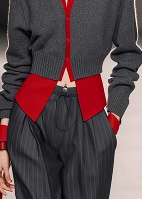 Art Grey V Neck Patchwork False Knit Two Pieces Sweater Spring