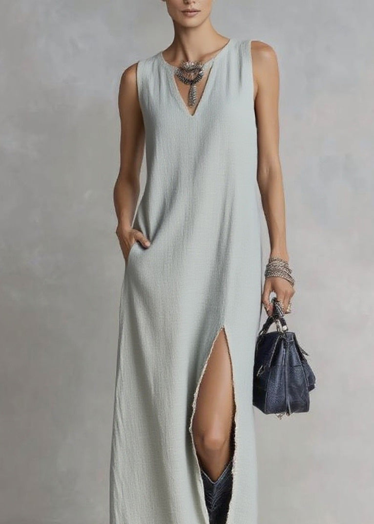 Art Grey V Neck Side Open Cotton Long Dress Sleeveless