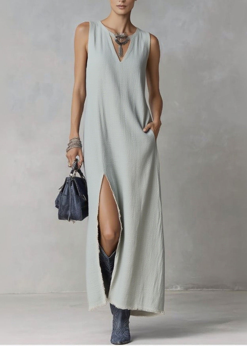 Art Grey V Neck Side Open Cotton Long Dress Sleeveless