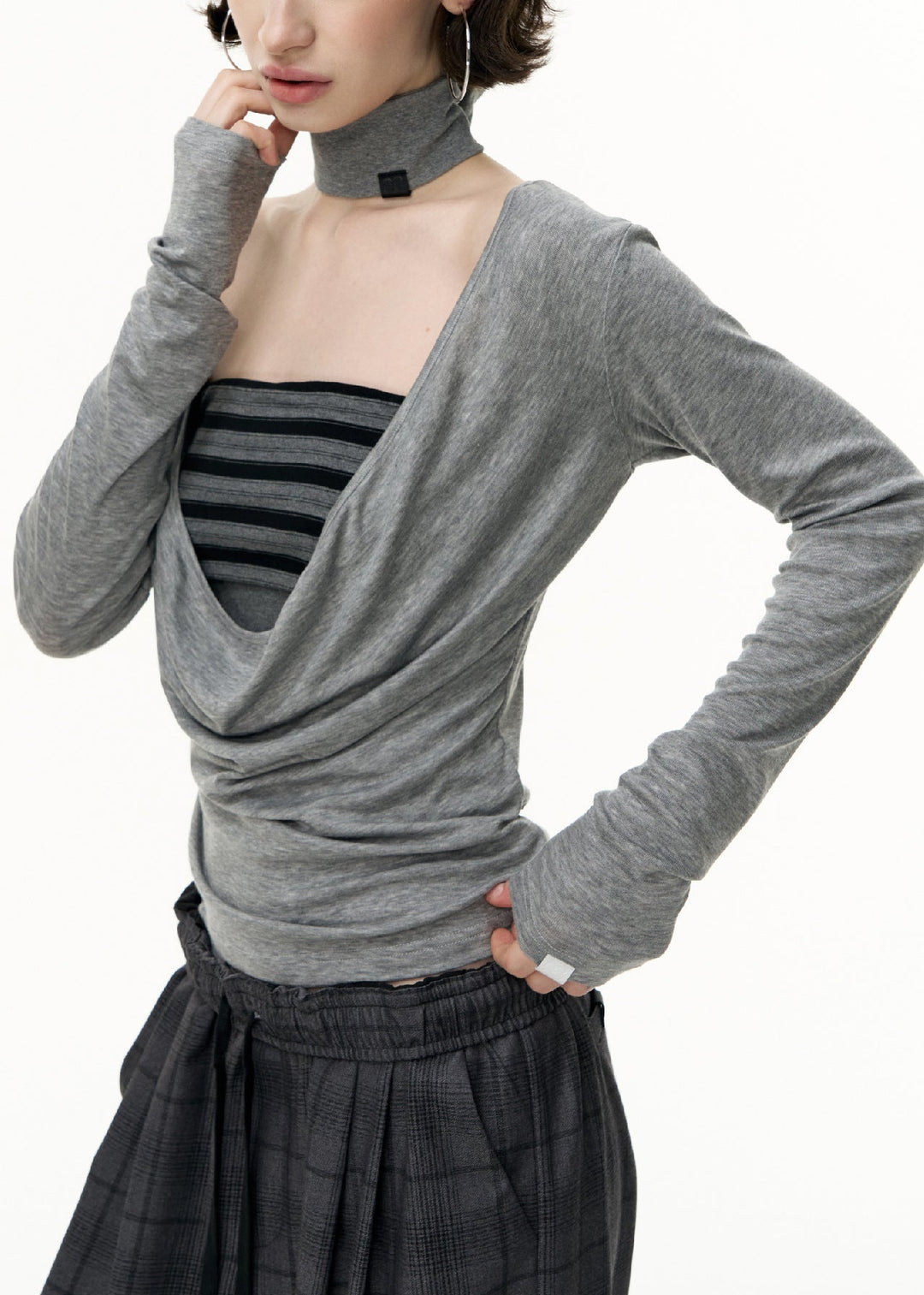 Art Grey V Neck Striped Tank And T Shirt Cotton Two-Piece Set Fall