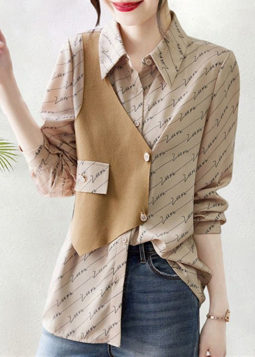 Art Khaki Asymmetrical Print Patchwork Cotton Blouse Fall