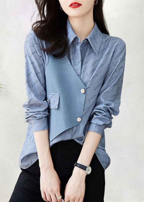 Art Khaki Asymmetrical Print Patchwork Cotton Blouse Fall