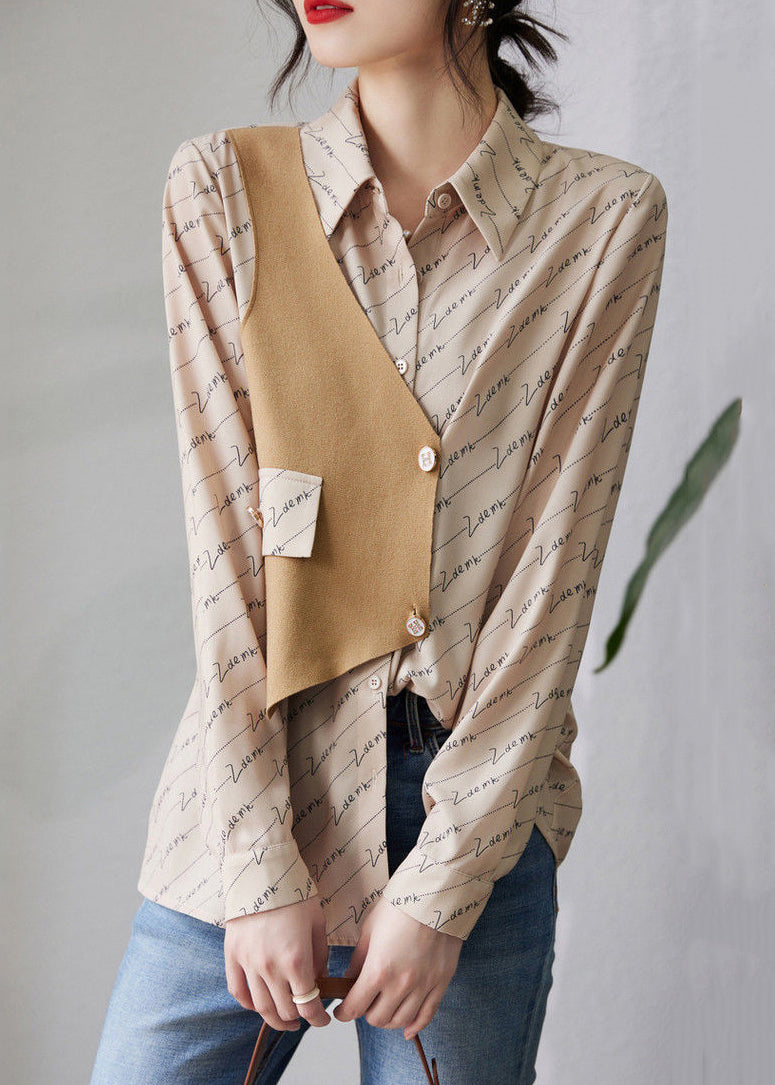 Art Khaki Asymmetrical Print Patchwork Cotton Blouse Fall