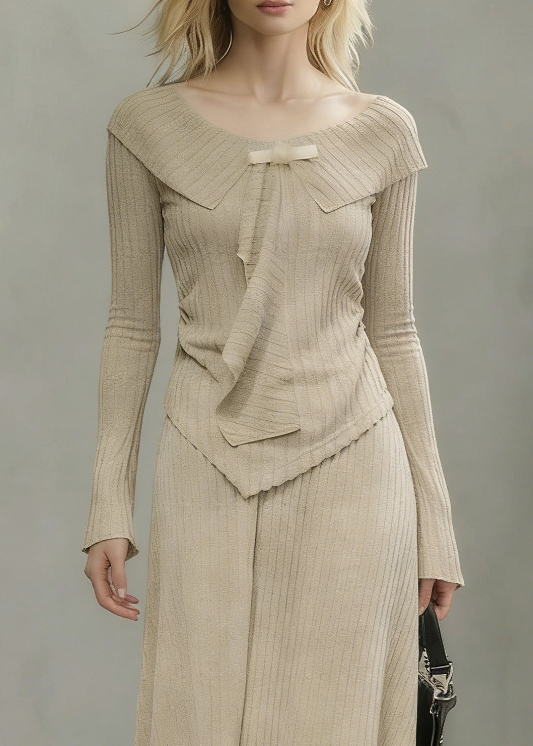 Art Khaki Asymmetrical Tops And Skirts Knit Two Pieces Set Spring - Omychic