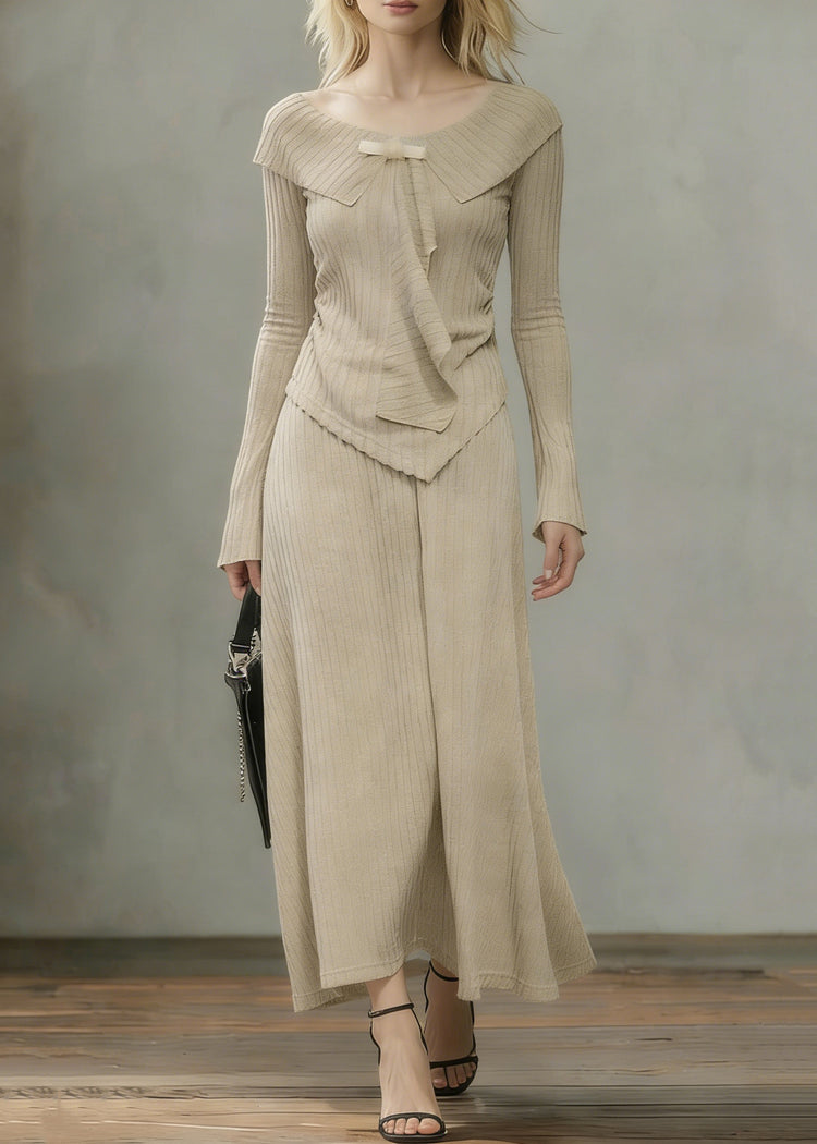 Art Khaki Asymmetrical Tops And Skirts Knit Two Pieces Set Spring - Omychic