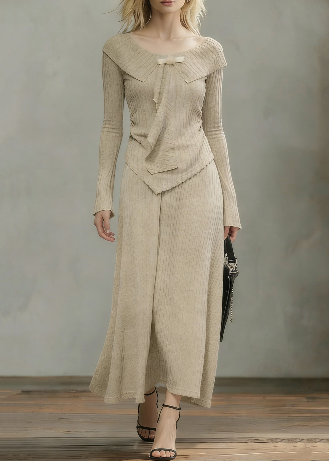 Art Khaki Asymmetrical Tops And Skirts Knit Two Pieces Set Spring - Omychic