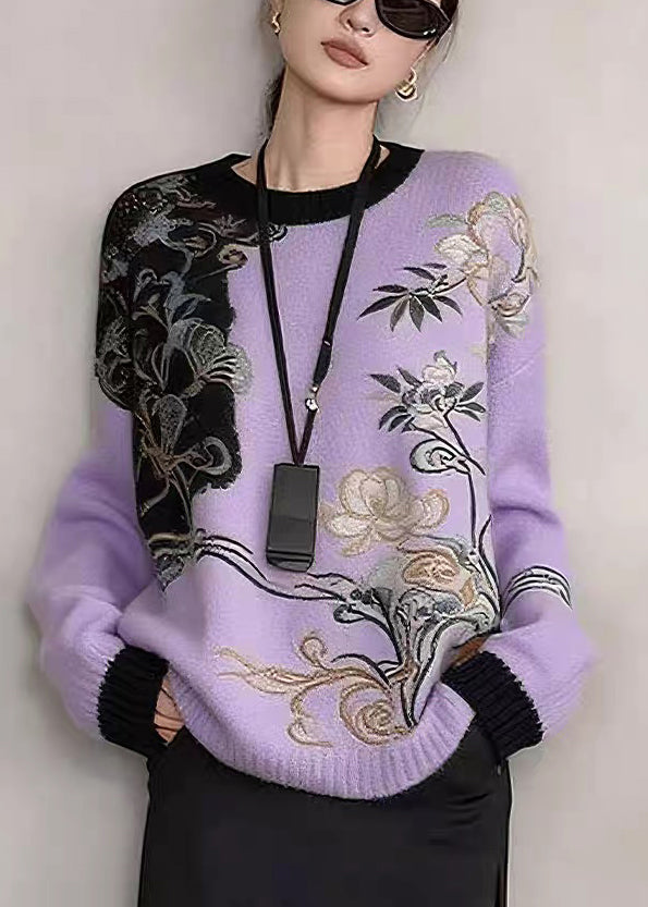 Art Khaki Embroidered Patchwork Knit Sweaters Winter