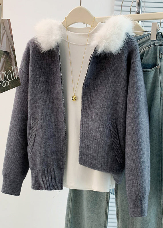 Art Khaki Fur Collar Warm Knit Hoodies Outwear Winter