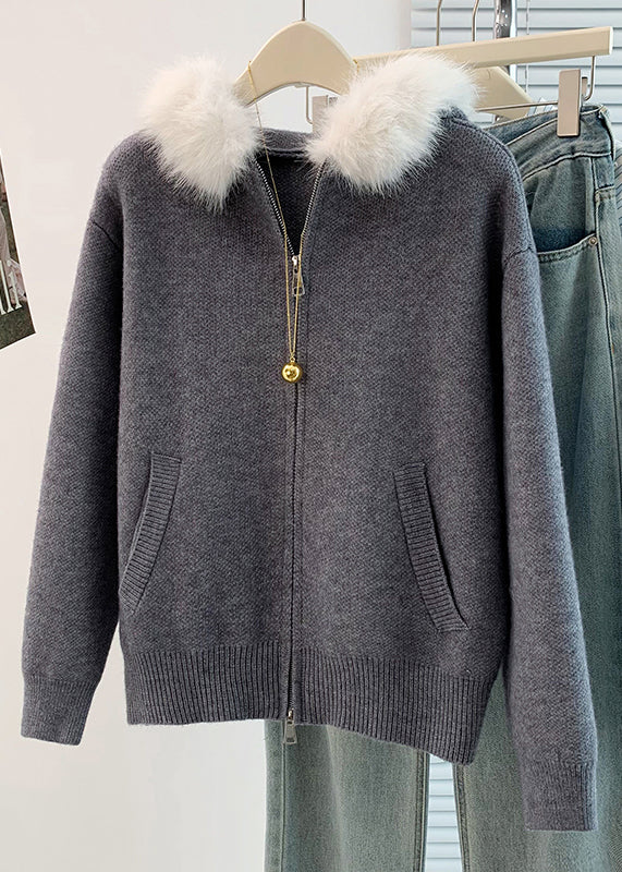 Art Khaki Fur Collar Warm Knit Hoodies Outwear Winter