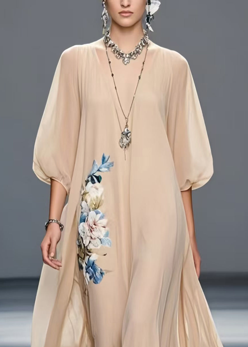 Art Khaki Oversized Floral Chiffon Holiday Dress Summer
