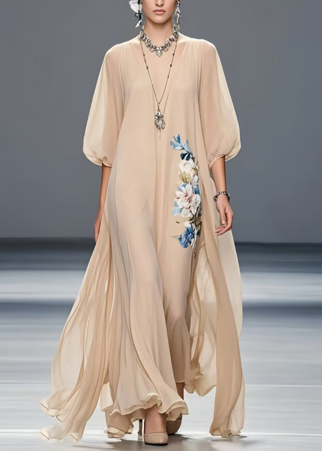 Art Khaki Oversized Floral Chiffon Holiday Dress Summer