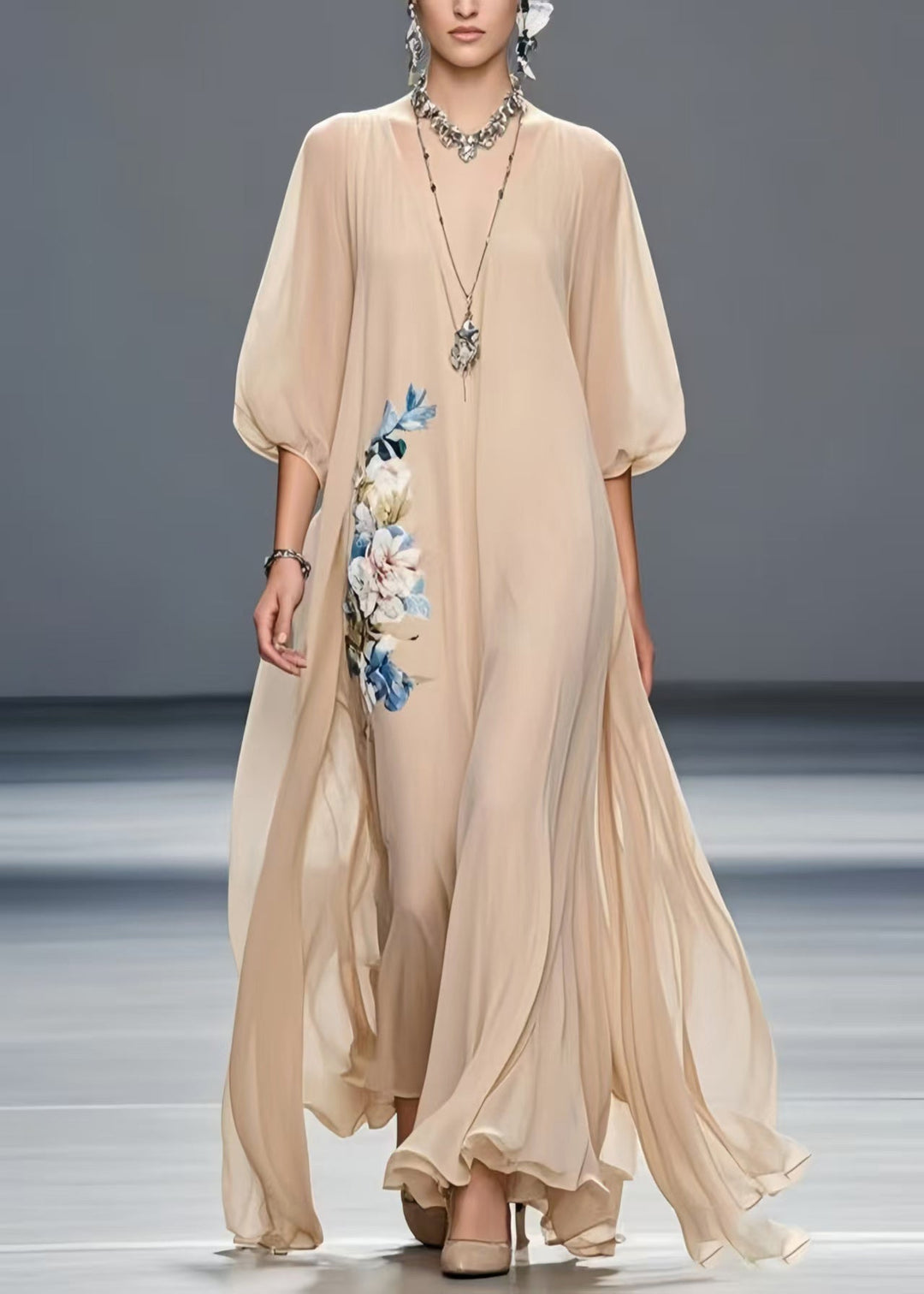 Art Khaki Oversized Floral Chiffon Holiday Dress Summer