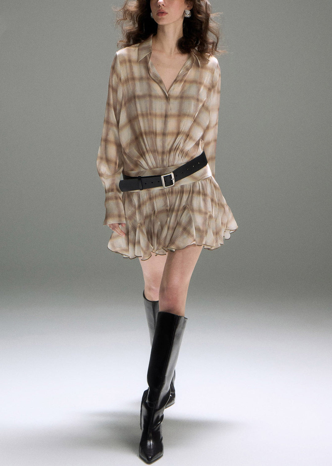 Art Khaki Peter Pan Collar Plaid Cotton Shirt Dresses Fall