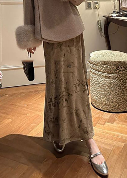 Art Khaki Print High Waist Silk Velvet Skirts Fall