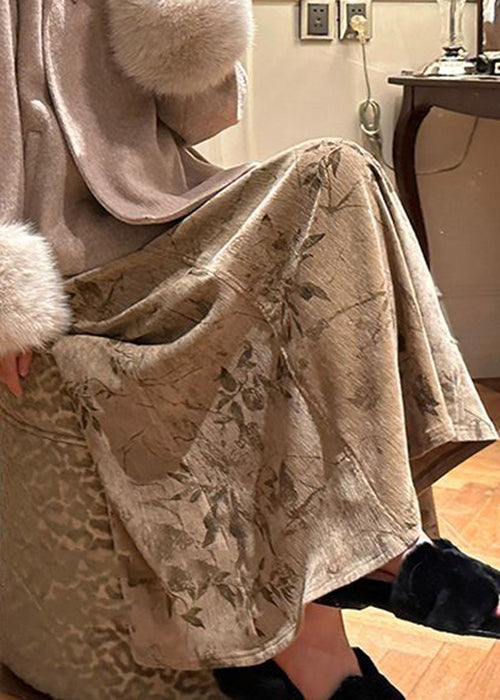 Art Khaki Print High Waist Silk Velvet Skirts Fall