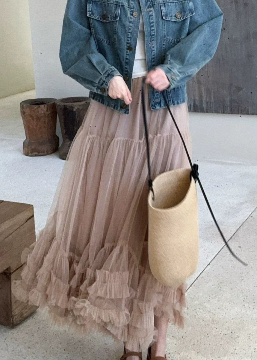 Art Khaki Ruffled Elastic Waist Tulle Skirt Summer