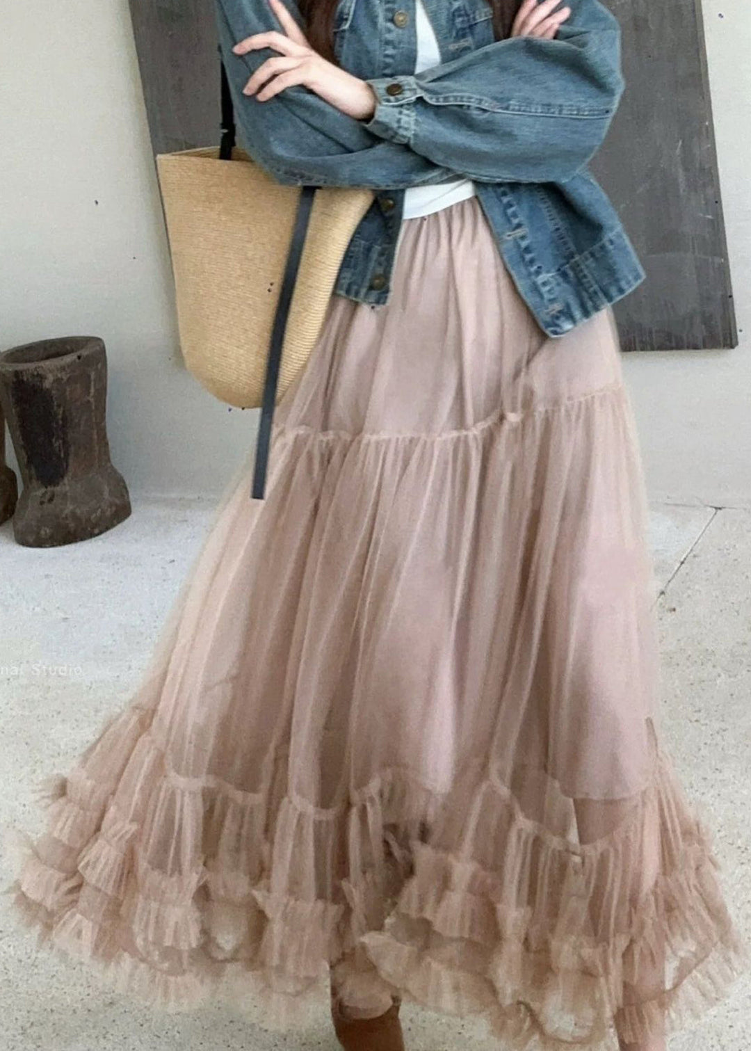 Art Khaki Ruffled Elastic Waist Tulle Skirt Summer