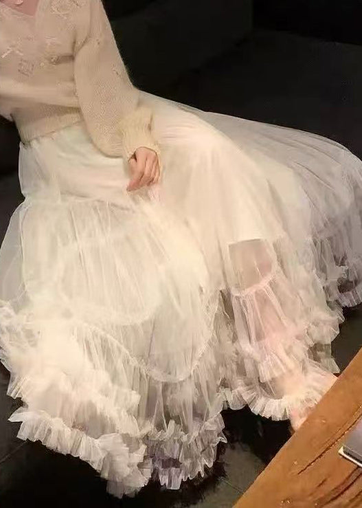 Art Khaki Ruffled Elastic Waist Tulle Skirt Summer
