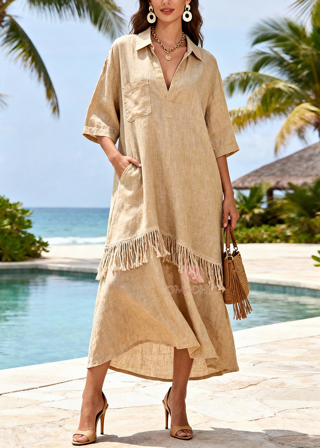 Art Khaki Tasseled Patchwork Linen Long Dresses Half Sleeve