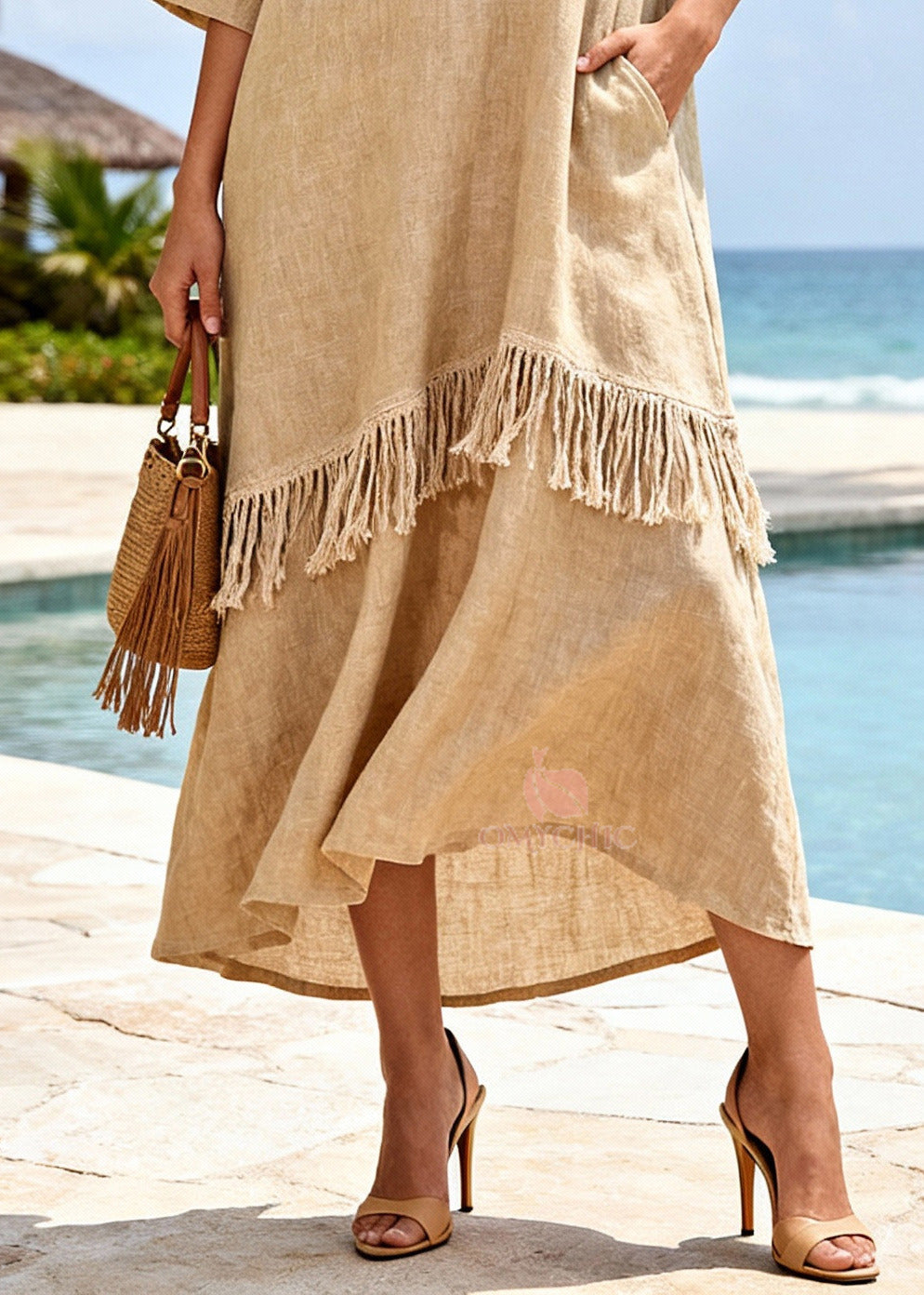 Art Khaki Tasseled Patchwork Linen Long Dresses Half Sleeve