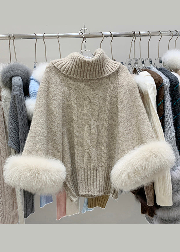 Art Khaki Turtleneck Fox Fur Cuff Detachable Knit Sweater Winter