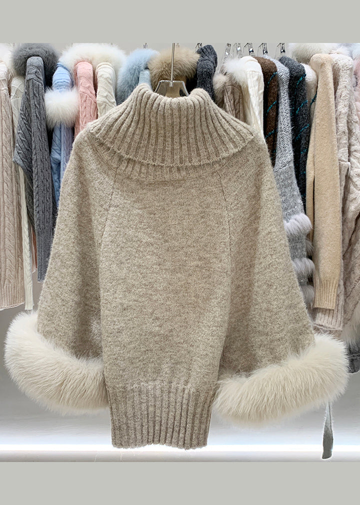 Art Khaki Turtleneck Fox Fur Cuff Detachable Knit Sweater Winter
