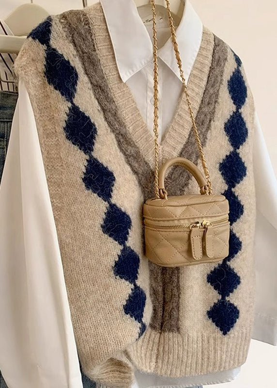 Art Khaki V Neck Plaid Cozy Knit Vest Sleeveless