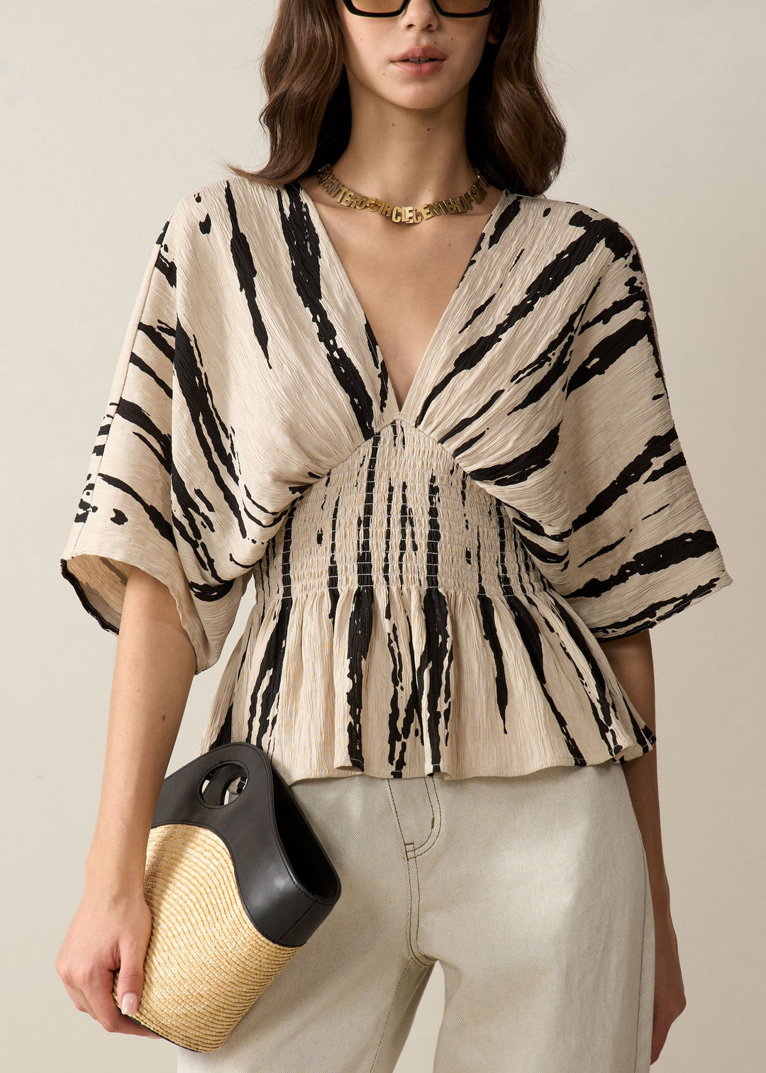 Art Khaki V Neck Print Cotton Shirt Half Sleeve