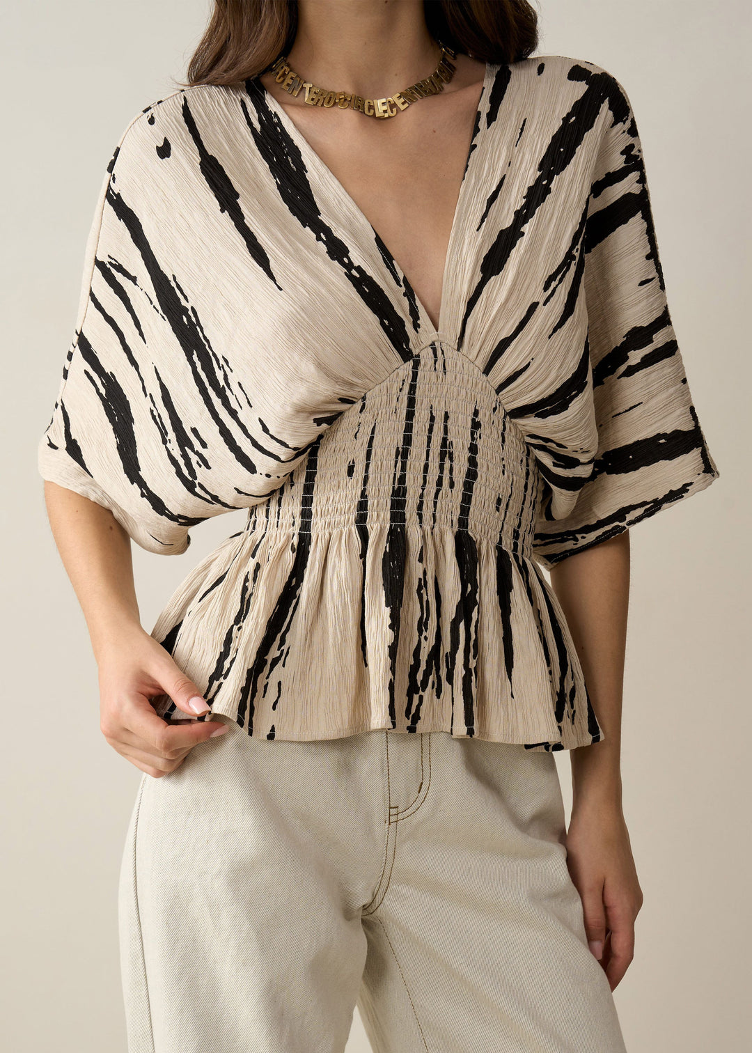 Art Khaki V Neck Print Cotton Shirt Half Sleeve