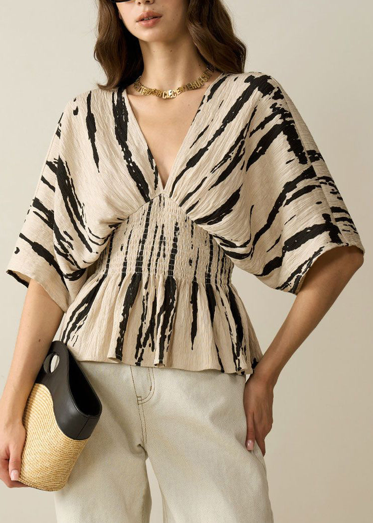 Art Khaki V Neck Print Cotton Shirt Half Sleeve