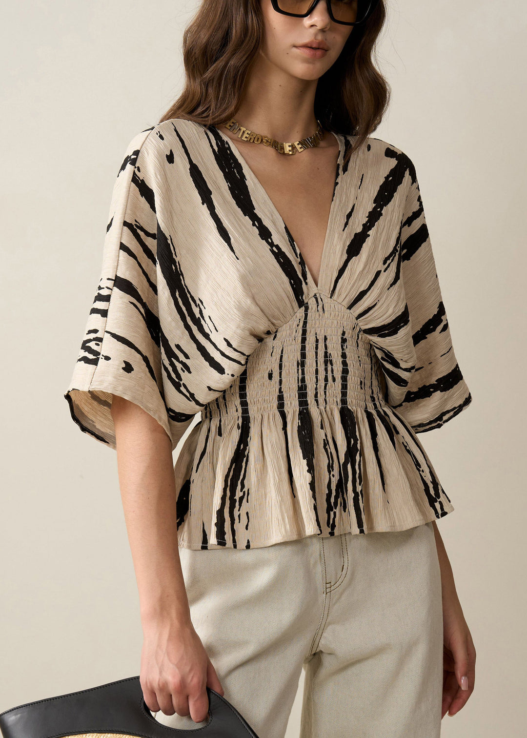 Art Khaki V Neck Print Cotton Shirt Half Sleeve