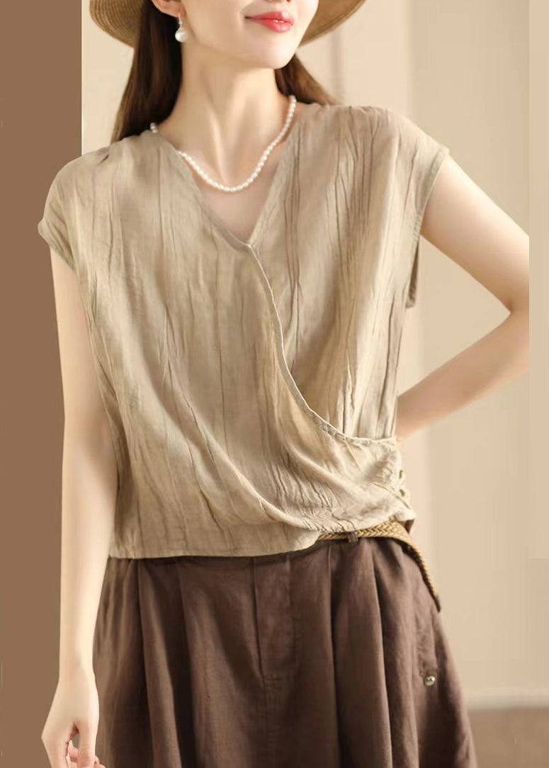 Art Khaki V Neck Wrinkled Cotton T Shirt Sleeveless