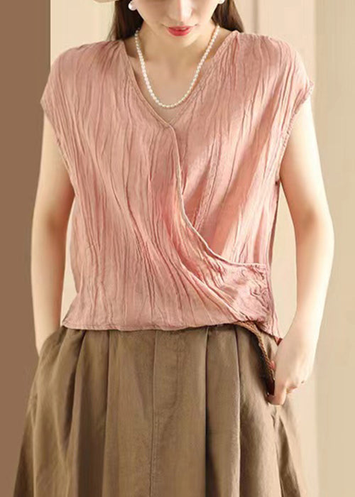 Art Khaki V Neck Wrinkled Cotton T Shirt Sleeveless