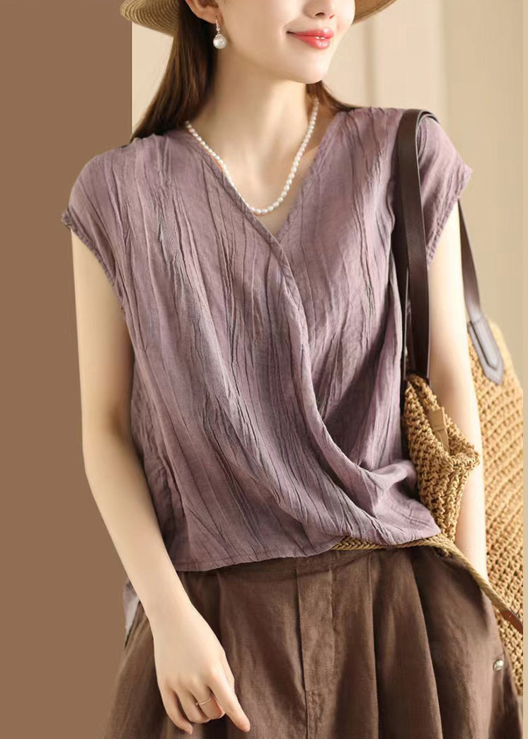 Art Khaki V Neck Wrinkled Cotton T Shirt Sleeveless