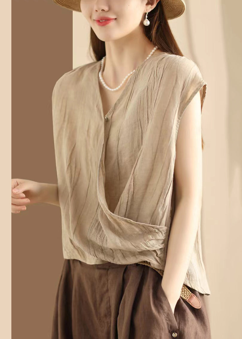 Art Khaki V Neck Wrinkled Cotton T Shirt Sleeveless