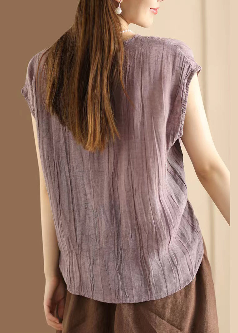 Art Khaki V Neck Wrinkled Cotton T Shirt Sleeveless